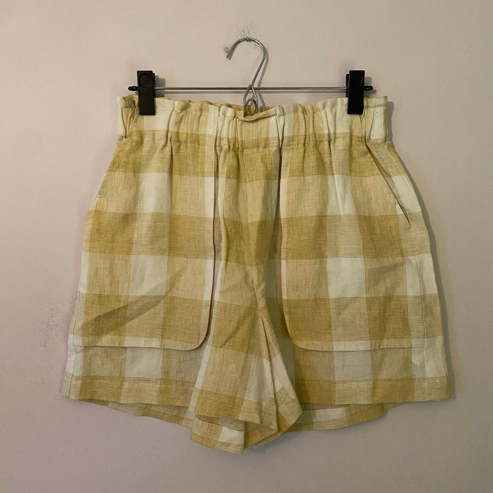 R.G. Kane White Tan Plaid 100% Linen Shorts Oxford Paperbag Women's size Small